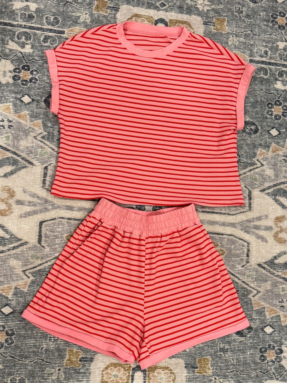 Womens' Pink Striped Matching Set - Short Sleeve Top & Shorts